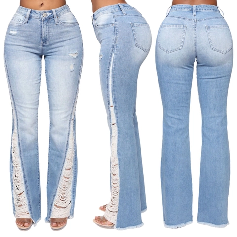 Jeans Donna Vita Alta Strappati a Campana Blu Chiaro Distressed Frange Orlo Sfilacciato Pantaloni Denim Streetwear Casual