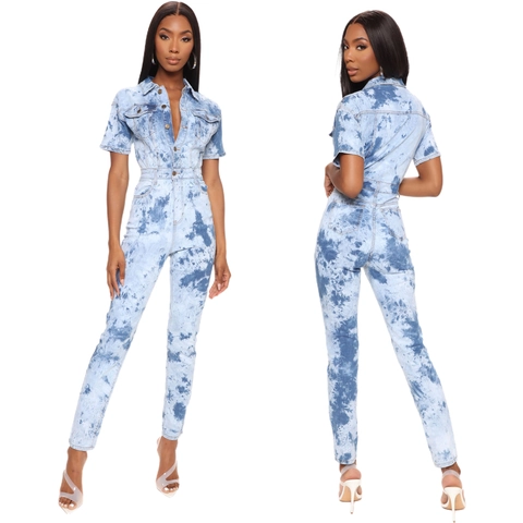 Damen Sexy Batik Denim Jumpsuit Kurzarm Revers Knopfleiste Slim Fit Stretch Jeans Overall Lange Hose