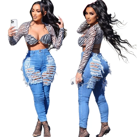 Jeans Strappati a Vita Alta da Donna Streetwear Pantaloni in Denim Skinny Distressed Sexy Stretch Blu
