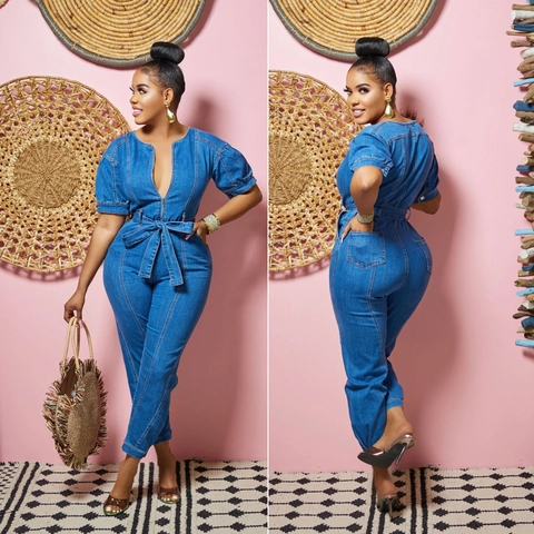 Damen Casual Denim Jumpsuit V-Ausschnitt Kurzarm Reißverschluss Mit Gürtel Schlanke Passform Jeans Jumpsuits Streetwear