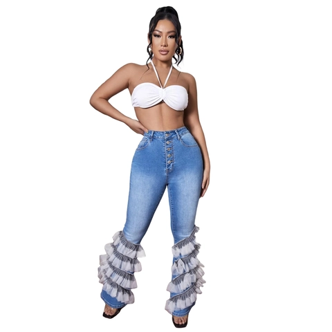 Damen High Waisted Flare Jeans Mit Geschichtetem Mesh-Rüschensaum Knöpfen Blaue Denim Schlaghose Für Streetwear