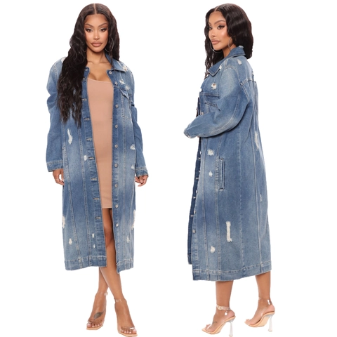 Dames Casual Verweerde Lange Denim Jas Gescheurde Spijkerjas Lange Mouw Single Breasted Bovenkleding Voor Dagelijks Gebruik