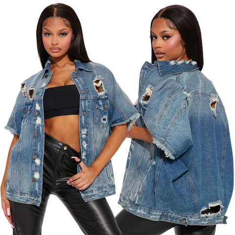 Chaqueta Vaquera Mujer Vintage Rota Manga Corta Holgada Media Longitud Lavado Azul Jean Outwear Botones de Metal Streetwear