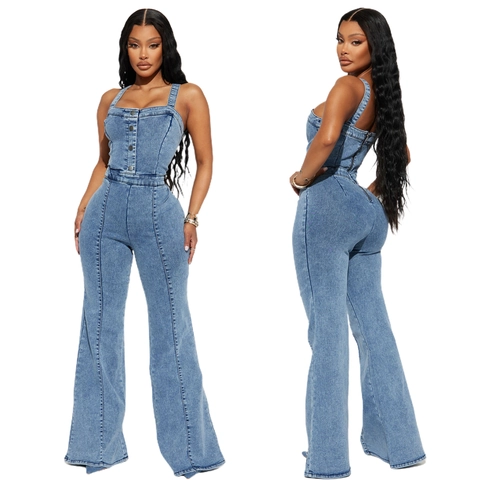 Women Sexy Backless Denim Jumpsuit Sleeveless High Waist Flared Leg Wide Leg Jean Romper Button One Piece Overalls