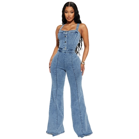 Women Sexy Backless Denim Jumpsuit Sleeveless High Waist Flared Leg Wide Leg Jean Romper Button One Piece Overalls