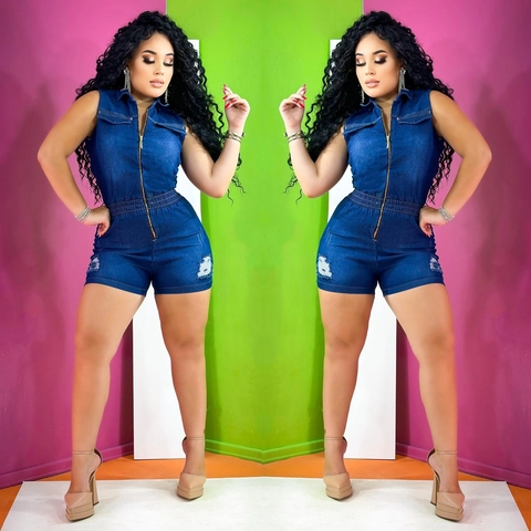 Tutina in Denim Senza Maniche Sexy da Donna Con Cerniera Anteriore Corta Strappata Vita Elastica Slim Fit Jean Bodysuit