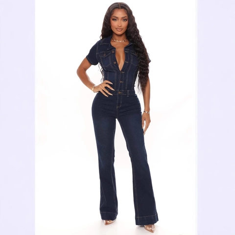 Damen Kurzarm V-Ausschnitt Denim Overall Ausgestelltes Weites Bein Hohe Taille Bodycon Einteiliger Jumpsuit Dunkelblau