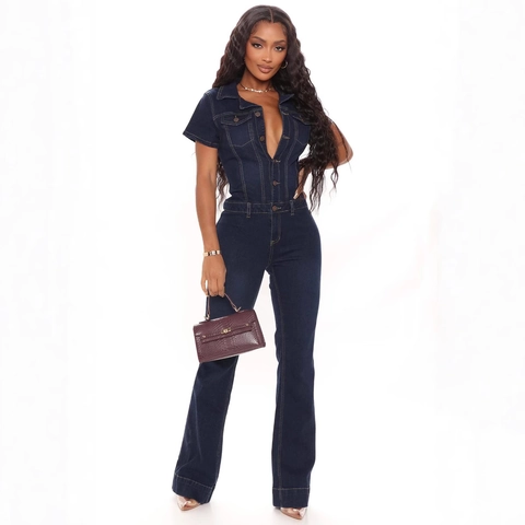 Damen Kurzarm V-Ausschnitt Denim Overall Ausgestelltes Weites Bein Hohe Taille Bodycon Einteiliger Jumpsuit Dunkelblau
