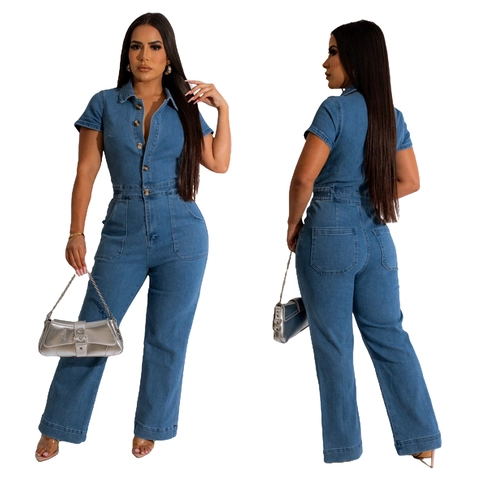 Mono de Mezclilla Casual para Mujer Manga Corta Solapa Botones Pierna Ancha con Bolsillos Color Sólido Azul Moda de Una Pieza