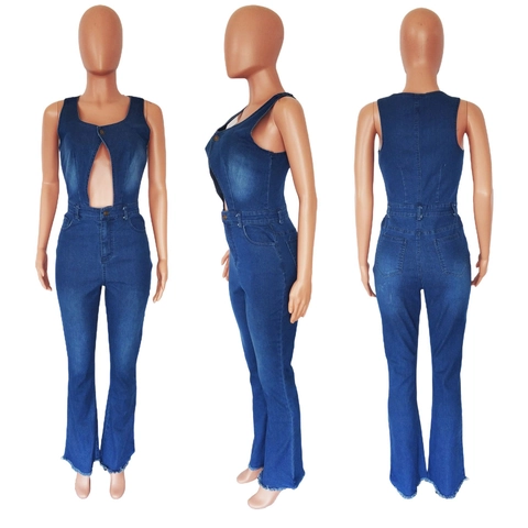 Γυναικεία Sexy Denim Ολόσωμη Φόρμα Με Ανοίγματα Halter V Λαιμόκοψη Καμπάνα Πόδι Ακατέργαστο Στρίφωμα Slim Fit Denim