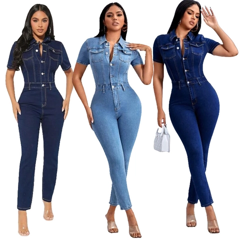 Dames Sexy Korte Mouw Slim Fit Denim Jumpsuit Reverskraag Geknoopt Elastisch Distressed Romper Lange Broek