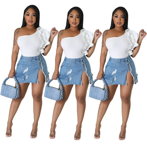 Minigonna di Jeans Sexy Donna Distressed Spacco Alto Cargo Gonna Con Tasche Street Style Nightclub Celeste