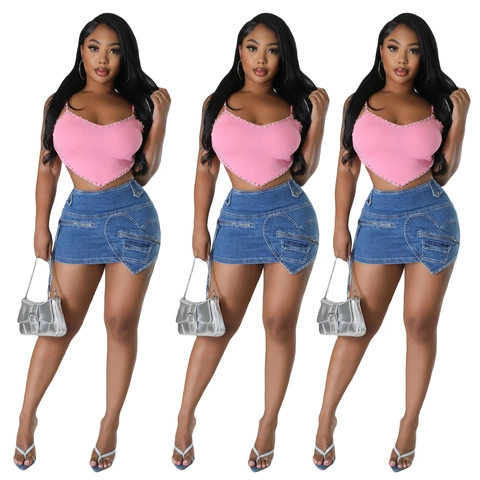Damen Sexy Rosa Herz Rippstrick Crop Top Und Blauer Denim Minirock Rock Top Set Mit Herztasche Strass Dekor