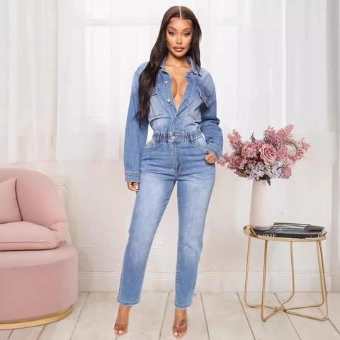 Mono de Mezclilla para Mujer Manga Larga con Botones Cintura Elástica Ajustado Lavado Azul Real Mono de Moda Casual
