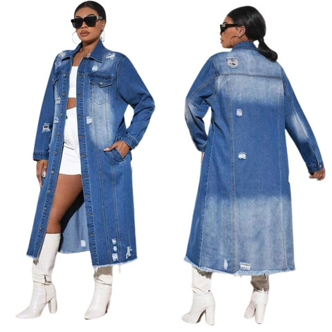 Trench in Denim Distressed Lungo da Donna Streetwear Strappato Lavato Monopetto Giacca a Vento in Jeans Capispalla Taglie Forti