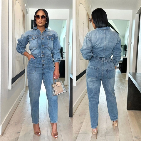 Women's Denim Jumpsuit Long Sleeve Turn-Down Collar Washed Blue Cotton Blend Streetwear Casual Stylish One-Piece Jumpsuit