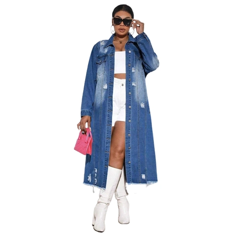 Trench in Denim Distressed Lungo da Donna Streetwear Strappato Lavato Monopetto Giacca a Vento in Jeans Capispalla Taglie Forti