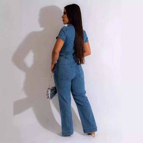 Mono de Mezclilla Casual para Mujer Manga Corta Solapa Botones Pierna Ancha con Bolsillos Color Sólido Azul Moda de Una Pieza