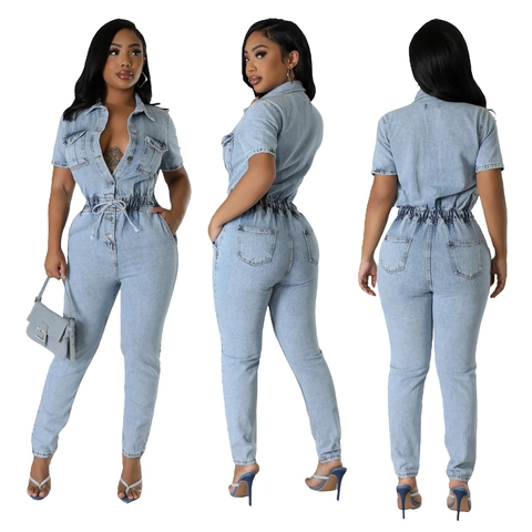 Mono de Denim Casual para Mujer Ajustado Manga Corta Cuello Vuelto Cintura Elástica con Cordón Lavado Ácido Azul Claro