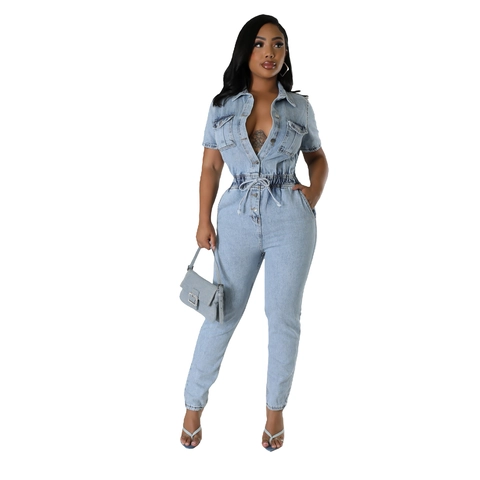 Mono de Denim Casual para Mujer Ajustado Manga Corta Cuello Vuelto Cintura Elástica con Cordón Lavado Ácido Azul Claro