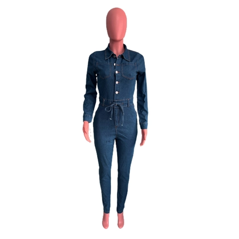 Tuta in Denim Donna Sexy a Maniche Lunghe Vestibilità Slim Bottoni Revers Pagliaccetto Con Coulisse in Vita Jeans Casual Alla Moda