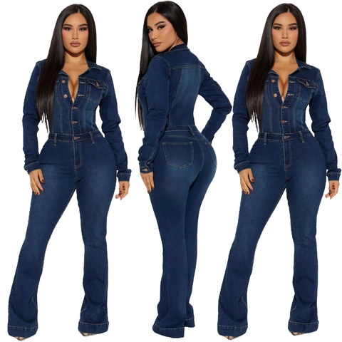 Dames Slim Fit Denim Jumpsuit Met Lange Mouwen Donkerblauw Uitlopende Pijpen Knoopsluiting Stretch Washed Streetwear