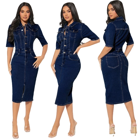 Vestito Midi in Denim da Donna Slim Fit Manica Corta Colletto a Revers Cotone Lavato Vestito Jeans Con Bottoni Tasche Spacco Casual Moda Elegante