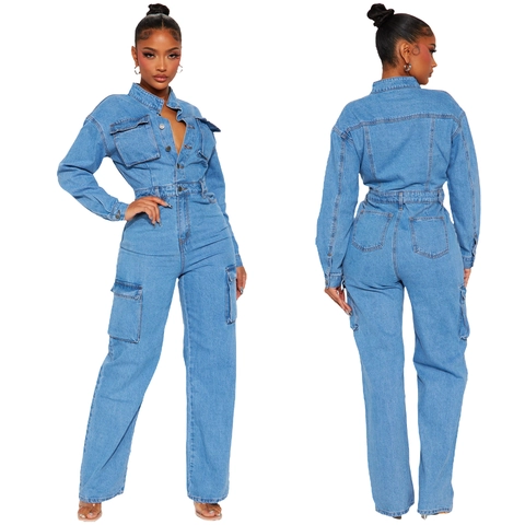 Women Casual Long Sleeve Cargo Denim Jumpsuit Washed Blue Button Down Lapel Multi Pockets Fashion One Piece Romper