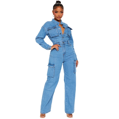 Women Casual Long Sleeve Cargo Denim Jumpsuit Washed Blue Button Down Lapel Multi Pockets Fashion One Piece Romper