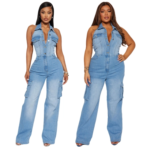 Vrouwen Sexy Halter Denim Jumpsuit Lichtblauw Slim Fit Cargo Zak Open Rug Mouwloos Wijde Pijpen Eendelig Romper