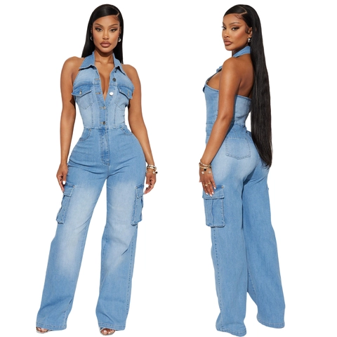 Vrouwen Sexy Halter Denim Jumpsuit Lichtblauw Slim Fit Cargo Zak Open Rug Mouwloos Wijde Pijpen Eendelig Romper