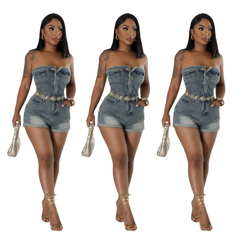 Combishort En Jean Sexy Pour Femme Avec Bustier Et Boutons Combinaison Ajustée En Denim Bleu Délavé Mode Urbaine