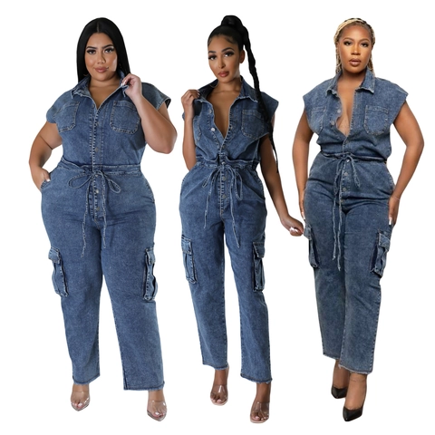 Women's Sleeveless Denim Jumpsuit Slim Fit Washed Cotton Cargo Romper With Pockets Drawstring Waist Fashion Streetwear