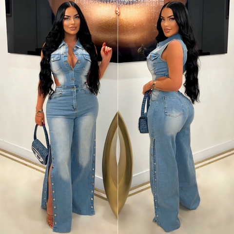 Dames Sexy Ajour Denim Jumpsuit Mouwloos Revers Knopen Wijde Pijpen Broek Lichtblauw Gewassen Jeans Romper Streetwear