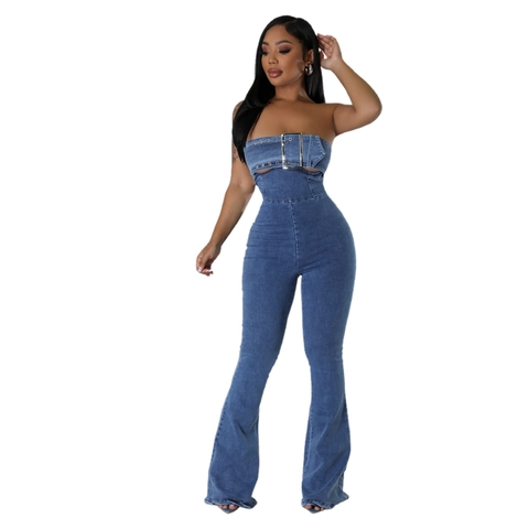 Tuta Intera in Denim Donna Sexy Senza Spalline Schiena Scoperta Vita Alta Gamba a Zampa Pagliaccetto in Denim Con Fibbia in Metallo Streetwear