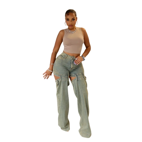Vaqueros de Pierna Recta para Mujer Moda Callejera Recortada Vintage Pantalones de Denim Lavados Con Hebillas Cintura Alta Streetwear