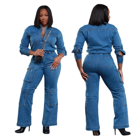 Tuta Utility in Denim a Maniche Lunghe Casual da Donna Colletto a Punta Tasche Multiple Vestibilità Comoda Tuta Intera