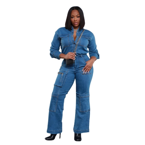Women Casual Long Sleeve Denim Utility Jumpsuit Turn Down Collar Multi Pocket Loose Fit Workwear Styling Denim Overall