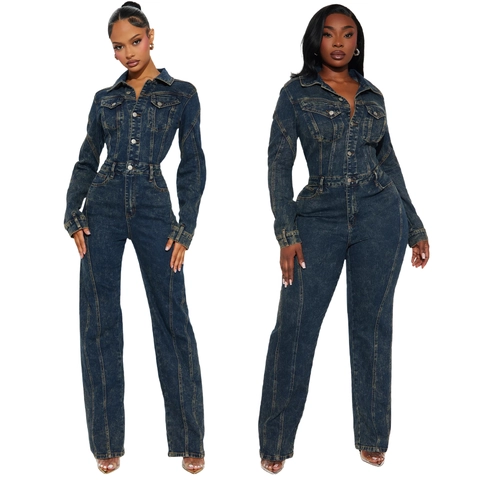 Dames Retro Washed Denim Jumpsuit Lange Mouw Slim Fit Knoopsluiting Casual Denim Romper Overalls