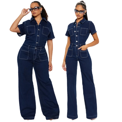 Women Casual Denim Jumpsuit Contrast Stitching Short Sleeve Lapel Wide Leg Pants Denim Romper With Cargo Pockets