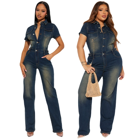 Dames Retro Gewassen Denim Jumpsuit Korte Mouw Revers Knoop Slim Fit Rechte Pijp Romper Workwear Bodycon Jumpsuit