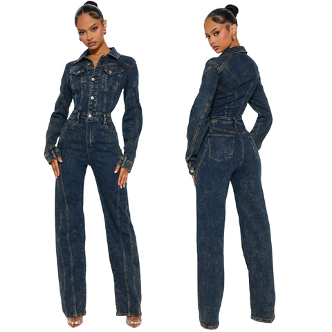 Dames Retro Washed Denim Jumpsuit Lange Mouw Slim Fit Knoopsluiting Casual Denim Romper Overalls