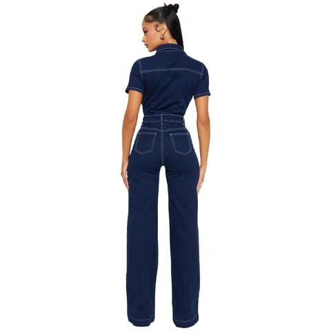Women Casual Denim Jumpsuit Contrast Stitching Short Sleeve Lapel Wide Leg Pants Denim Romper With Cargo Pockets