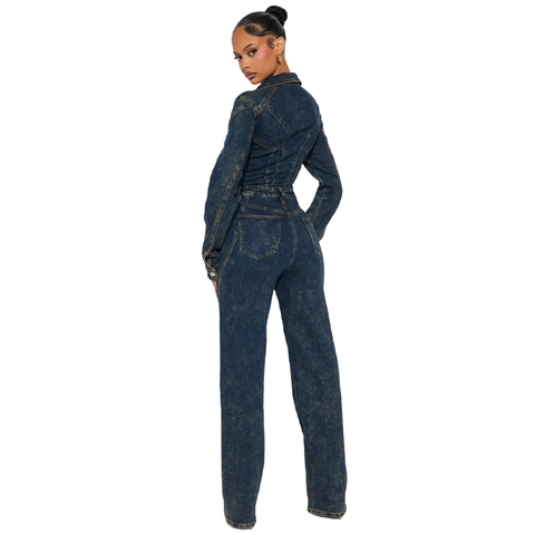 Combinaison en Denim pour Femme Fashion Acid Wash Manches Longues Patchwork Une Pièce Col à Revers Streetwear Tenue Décontractée