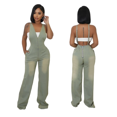 Damen Sexy Denim Jumpsuit Weites Bein Ärmellos V Ausschnitt Spaghettiträger Hohe Taille Reißverschluss Gewaschener Baumwoll Denim