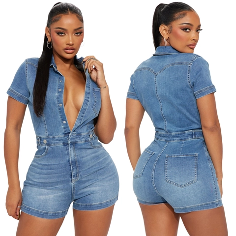 Tuta Donna Denim Sexy Slim Fit Manica Corta Lavata Monopetto Vita Alta Casual Summer Street Style Romper Blu