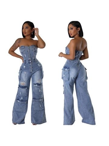 Damen Bandeau Denim Jumpsuit Cargo Stil Distressed Zerrissen Gewaschen Blau Weites Bein Einteiler Streetwear Romper