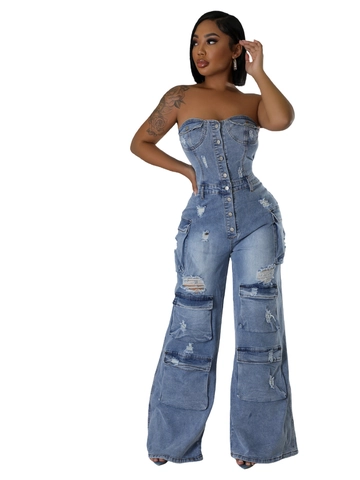 Damen Bandeau Denim Jumpsuit Cargo Stil Distressed Zerrissen Gewaschen Blau Weites Bein Einteiler Streetwear Romper