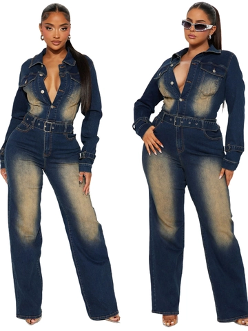 Dames Vintage Washed Denim Jumpsuit Lange Mouwen Distressed Flare Leg Romper Met Riem Casual Retro Jeans