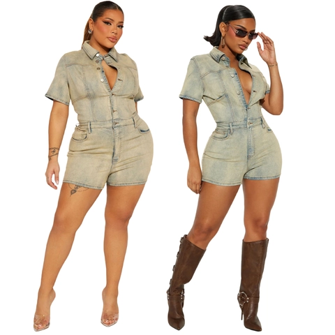 Damen Vintage Kurzarm Denim Romper Schmale Passform Acid Wash Jumpsuit Mit Revers Taschen Knopf Vorne Workwear Stil Romper